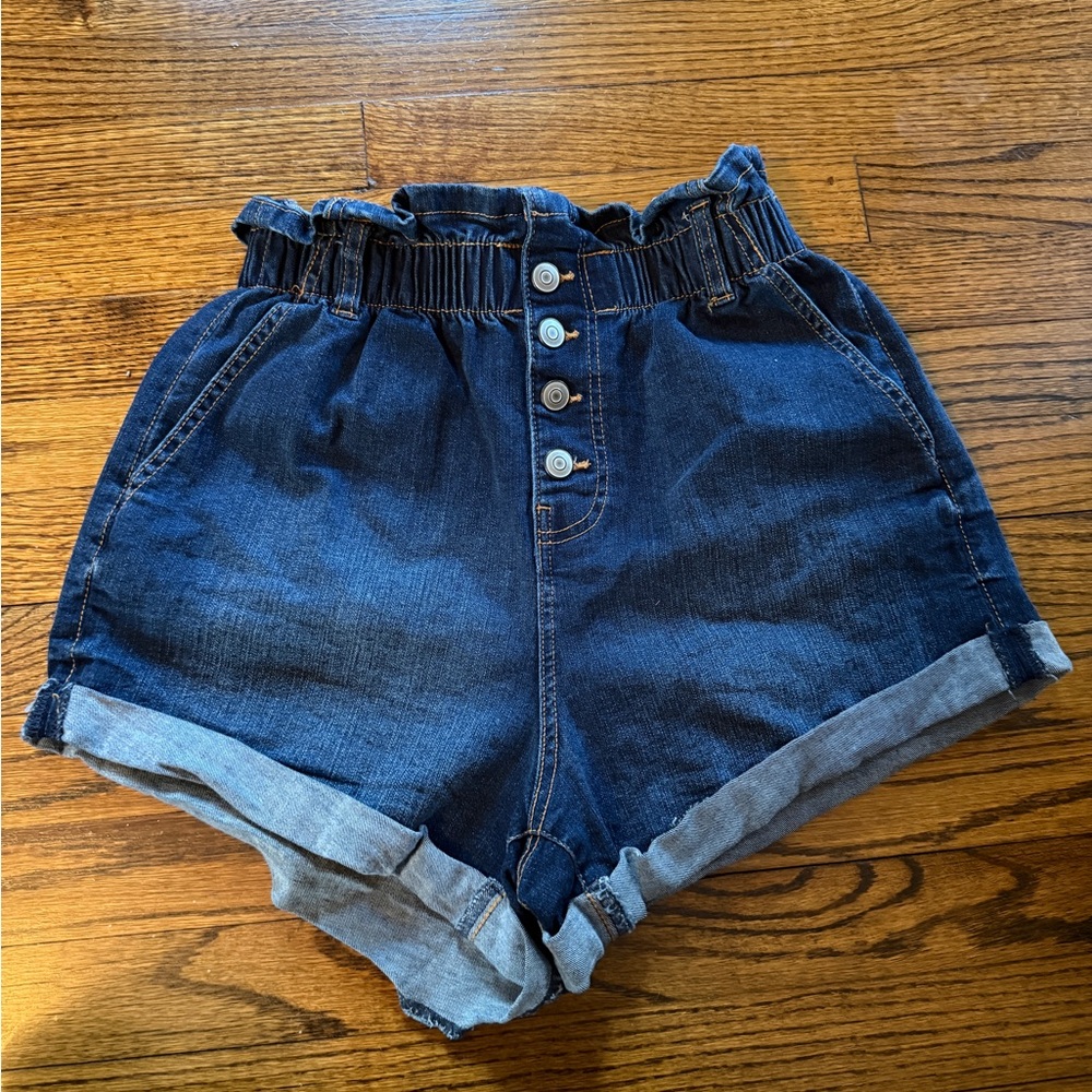 No Boundaries Navy Jean Shorts with Button Detail
